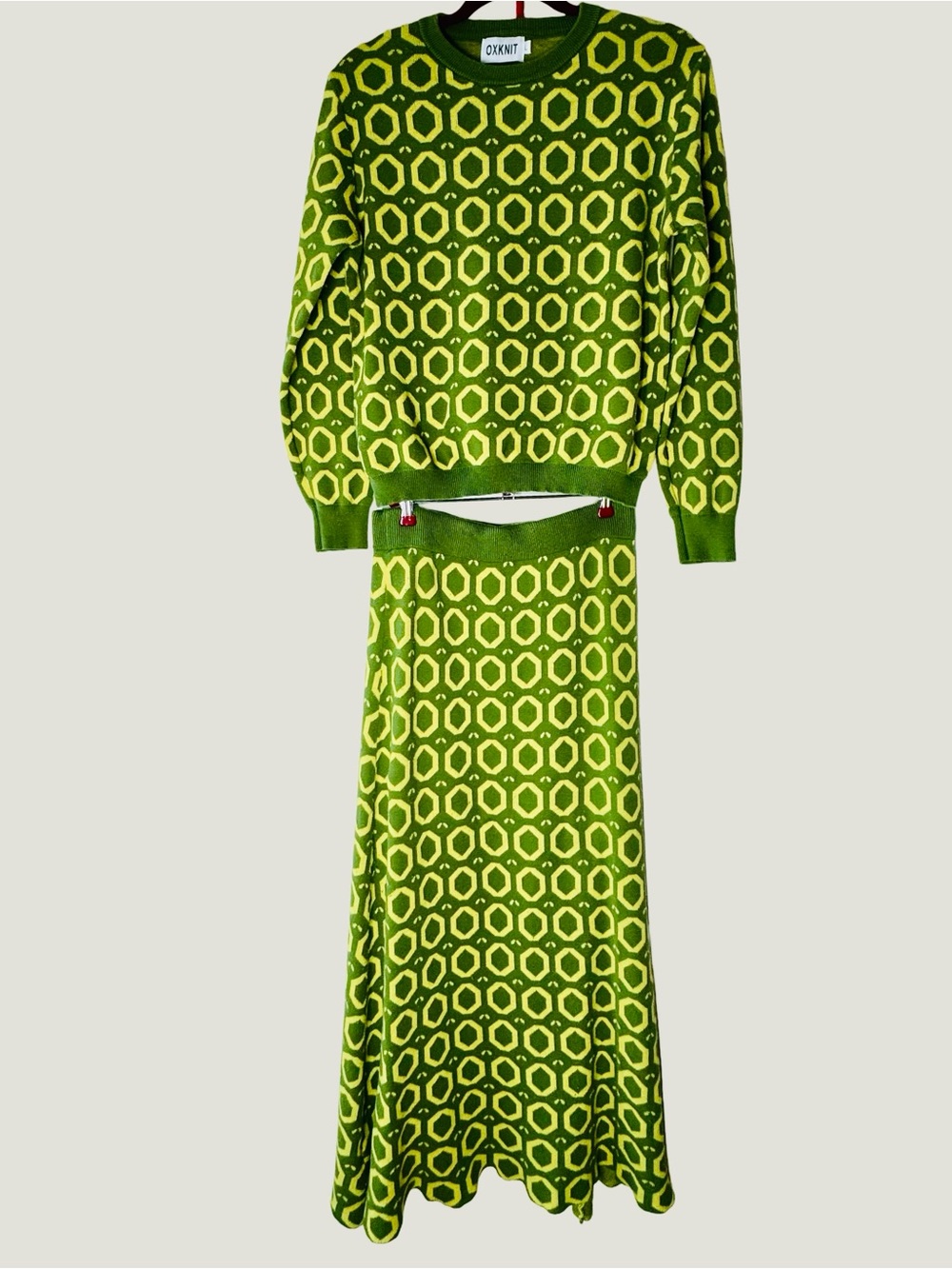 OXKnit L Green Retro 70s Mod Geometric Knit Sweater Maxi Skirt Suit Set